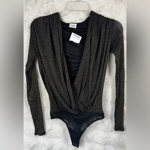 Abercrombie & Fitch Black Metallic Wrap-Front Long Sleeve Bodysuit